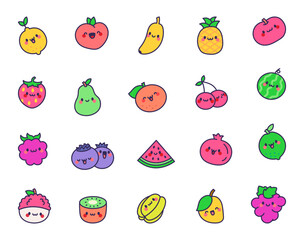 Funny cartoon fruits. Kawaii character. Hand drawn style. Vector drawing. Collection of design elements.