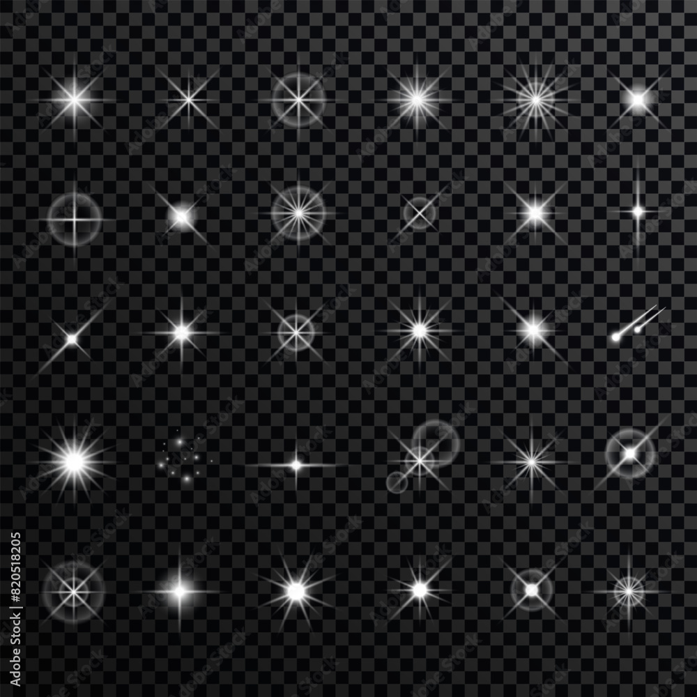 Wall mural effect sparkling stars light burst explosion, flickering and flashing lights. collection of differen