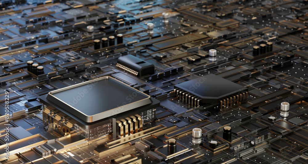 Aufkleber 3d rendering of digital abstract background with motherboard and microchips in dark black and golden