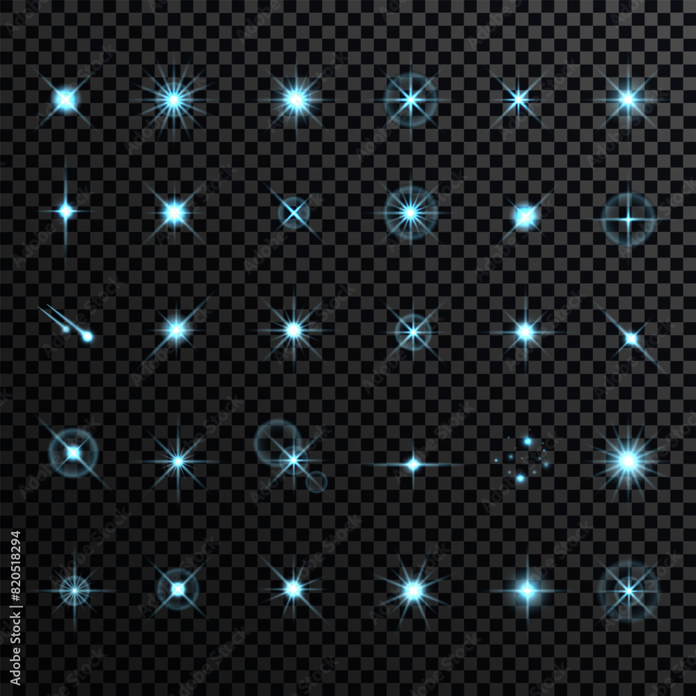 Poster effect sparkling stars light burst explosion, flickering and flashing lights. collection of differen