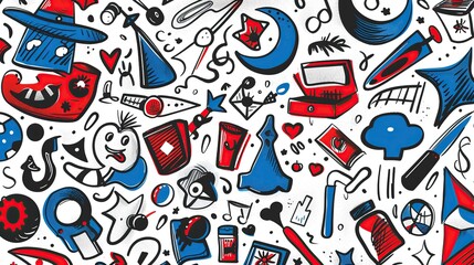 Hand drawn labor day with colorful various items including a hammer, a cup, a knife, and a book. The drawing is in black isolated on white background.