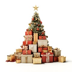 christmas tree with gifts, Christmas tree decorated with light and gift boxes on white background New year and merry christmas