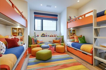 Playful children's room with colorful bunk beds and storage bins.