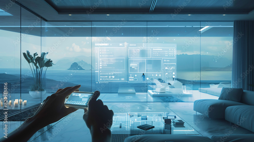 Poster within the sleek interior of an ai-augmented reality smart home, a person holds a remote control, ma