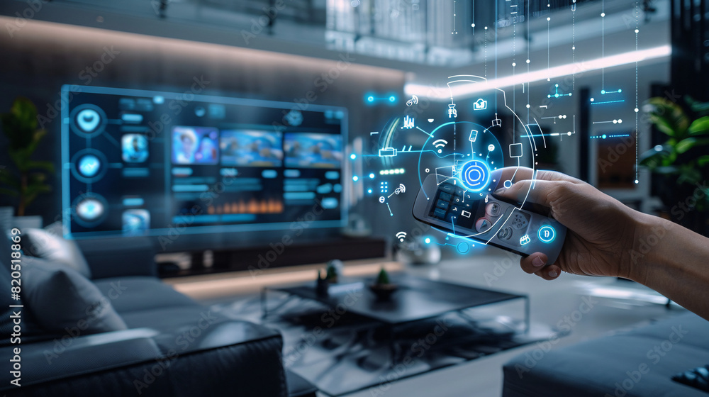 Poster within the sleek interior of an ai-augmented reality smart home, a person holds a remote control, ma