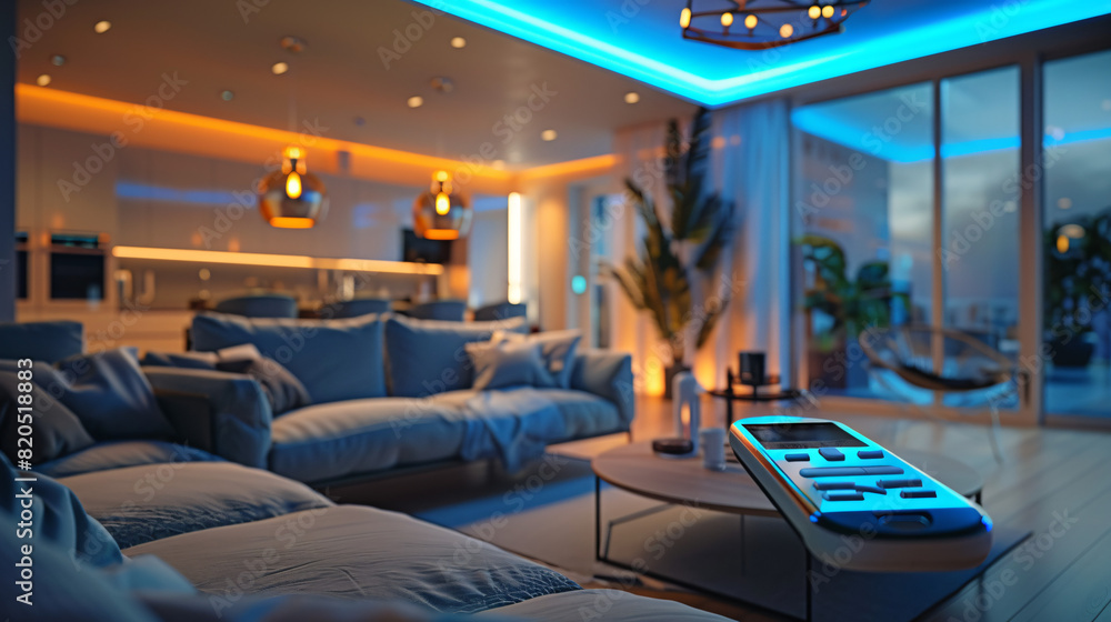 Poster within the sleek interior of an ai-augmented reality smart home, a person holds a remote control, ma