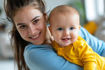 Joyful Mother Holding Laughing Baby, Bright and Warm Home Setting, Cherished Moments of Early Parenthood
