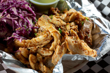 A closeup view of a pulled chicken bowl.