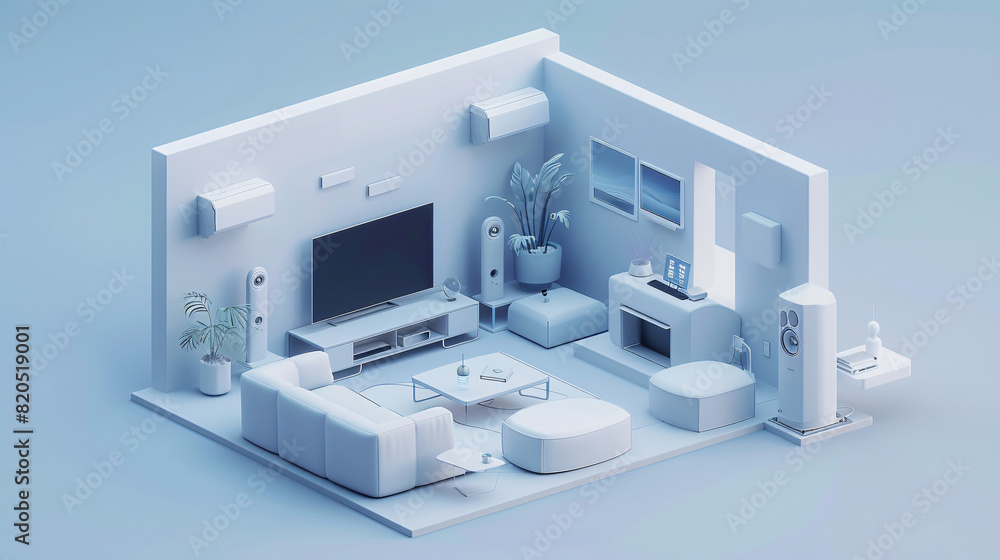 Poster a minimalist depiction of a futuristic smart home interior showcases an array of modern smart home c
