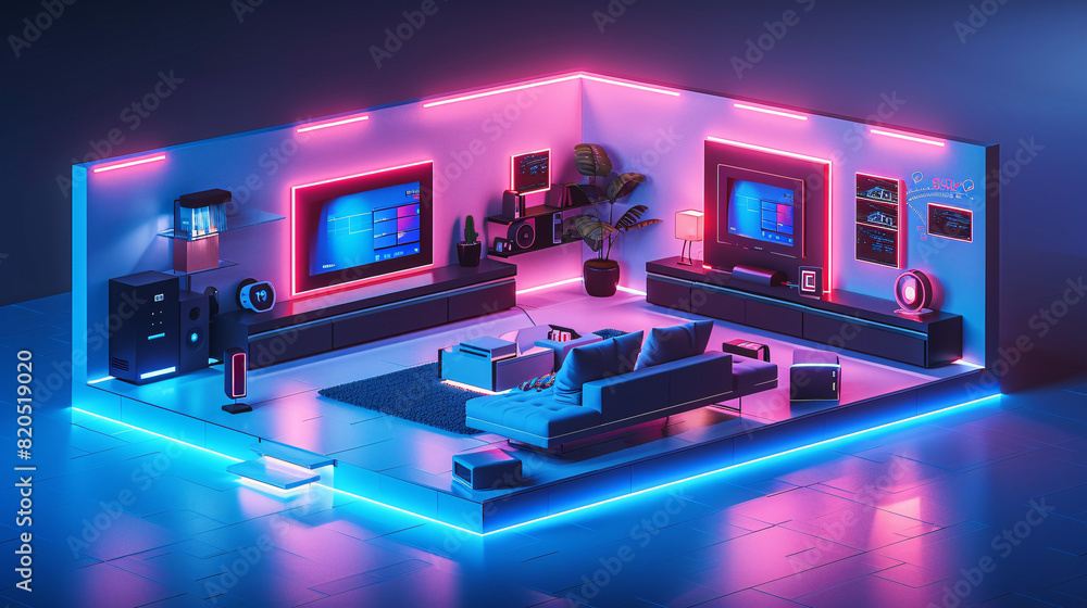 Poster a minimalist depiction of a futuristic smart home interior showcases an array of modern smart home c
