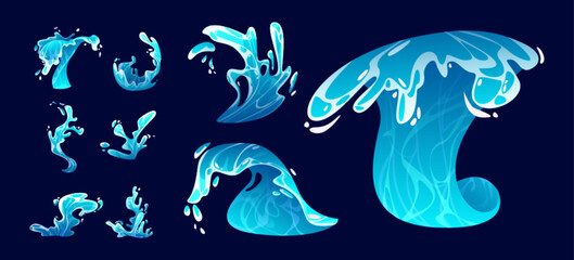 Ocean water wave splash. Sea surf cartoon vector icon. Liquid drop stream summer game graphic. Isolated fluid high falling tsunami swirl vfx design. Storm motion clipart for environment illustration