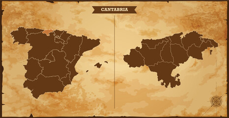 Cantabria state map, Spain map with federal states in A vintage map based background, Political Spain Map