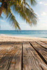 Fototapeta premium A wooden desk top with blurred background of beach. Good for background 