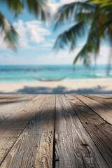 Fototapeta premium A wooden desk top with blurred background of beach. Good for background 