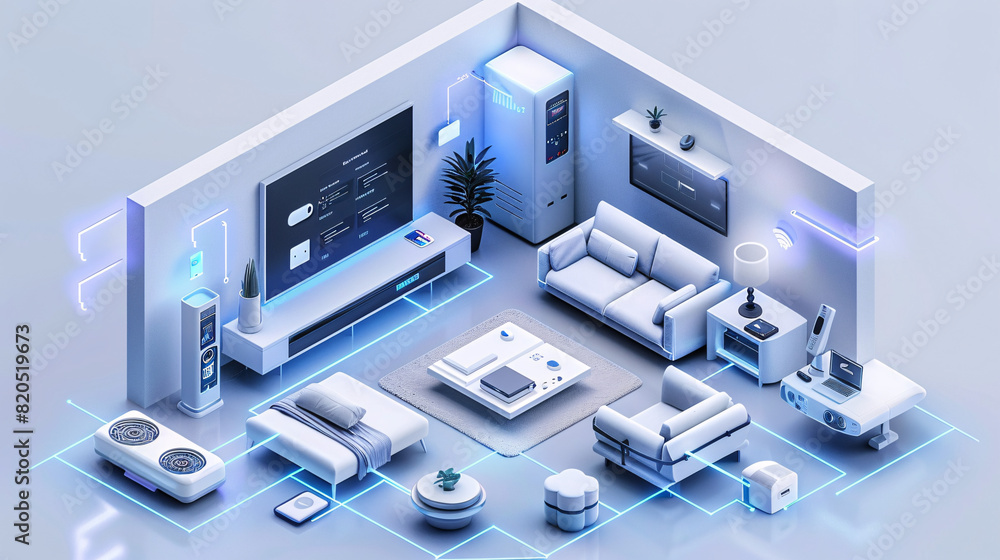 Poster amidst the isometric layout of a cutting-edge smart home, a remote control is held by a hand, overse