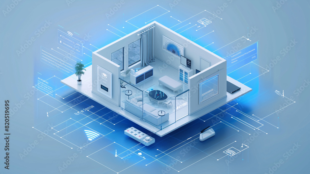 Poster amidst the isometric layout of a cutting-edge smart home, a remote control is held by a hand, overse