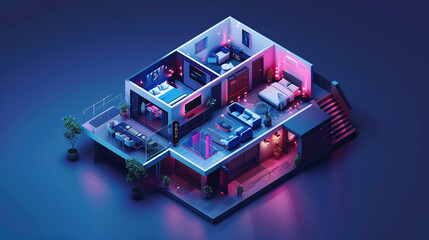Obraz premium Amidst the isometric layout of a cutting-edge smart home, a remote control is held by a hand, overseeing the management of various modern smart home components. The minimal color palette and