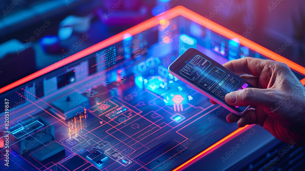 Poster amidst the isometric layout of a cutting-edge smart home, a remote control is held by a hand, overse