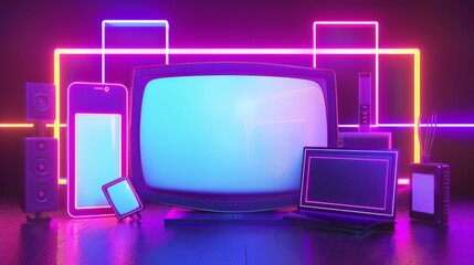 A modern media bundle template featuring a TV, tablet, and smartphone.

