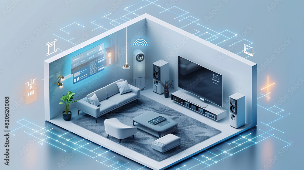 Poster in a futuristic depiction of home technology, an individual uses a remote control to interact with t