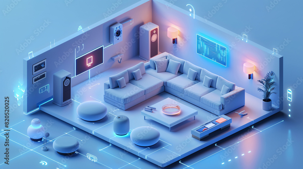 Poster in a futuristic depiction of home technology, an individual uses a remote control to interact with t