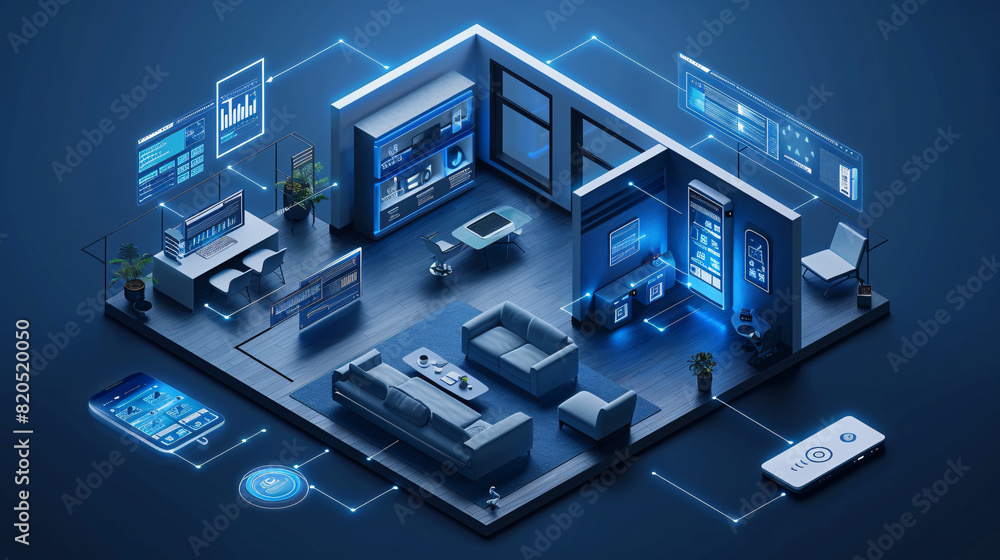 Poster in a futuristic depiction of home technology, an individual uses a remote control to interact with t
