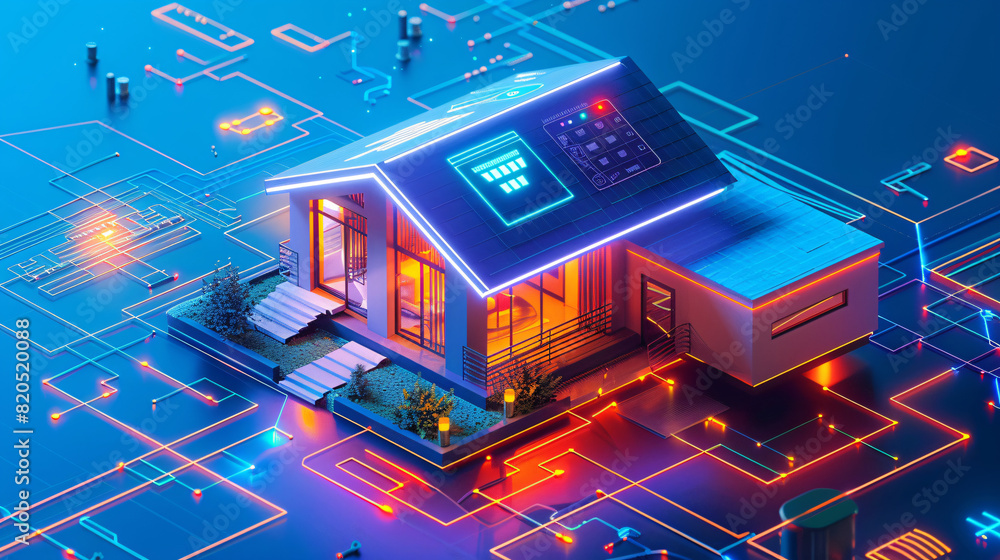 Poster in a futuristic depiction of home technology, an individual uses a remote control to interact with t