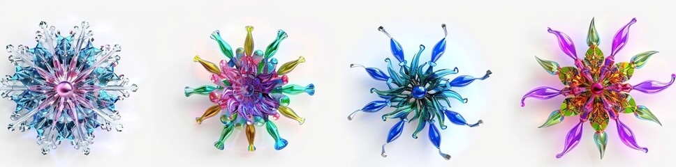 Naklejka premium a colorful arrangement of flowers, including purple, blue, and green, arranged in a row from left to right the flowers are arranged in a row from left to right, with a