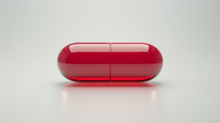 High-detail red pill capsule, isolated against a white backdrop, 3D rendering, showcasing glossy surface with studio lighting for advertising appeal