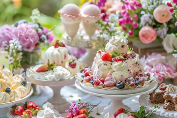 Ice cream desserts buffet table, event food catering for wedding, party and holiday celebration, ice creams and flowers decor in a floral countryside garden