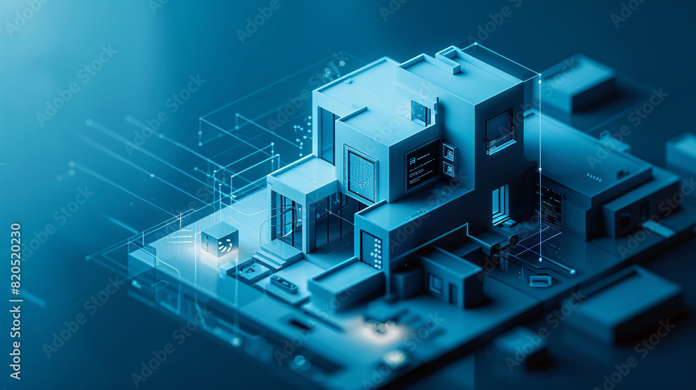Poster in a futuristic depiction of home technology, an individual uses a remote control to interact with t