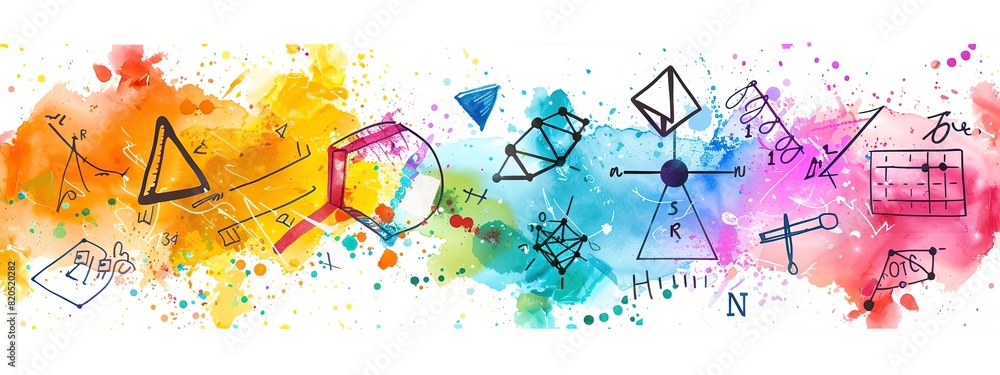 Poster colorful drawing of math doodle elements shapes and numbers in hand drawn style with paint splashes 