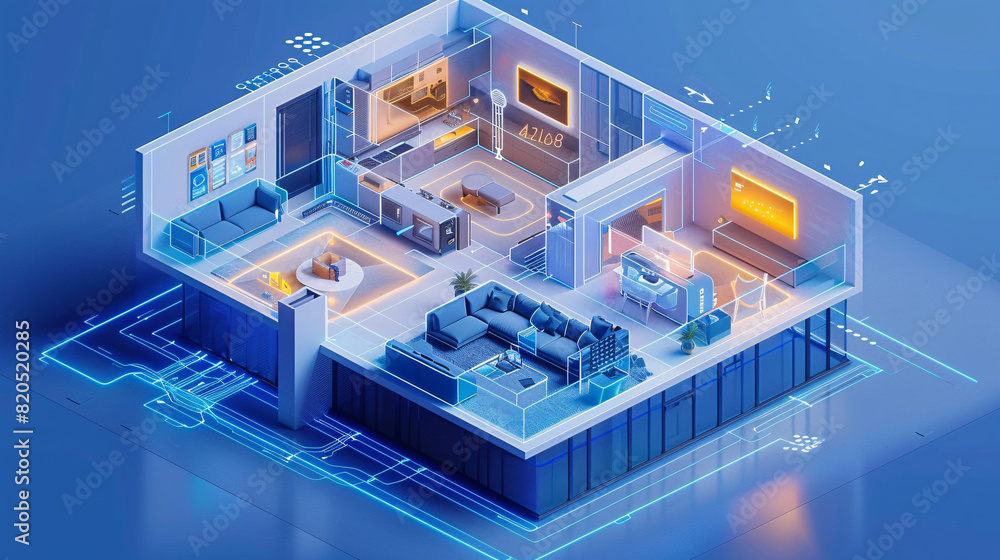 Poster in a futuristic depiction of home technology, an individual uses a remote control to interact with t