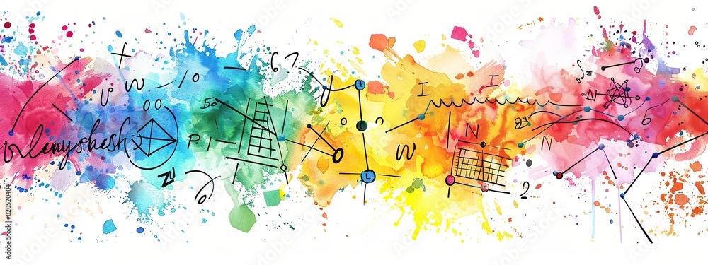 Poster colorful drawing of math doodle elements shapes and numbers in hand drawn style with paint splashes 