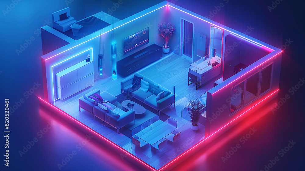 Poster within the sleek interior of an ai-augmented reality smart home, a person holds a remote control, ma