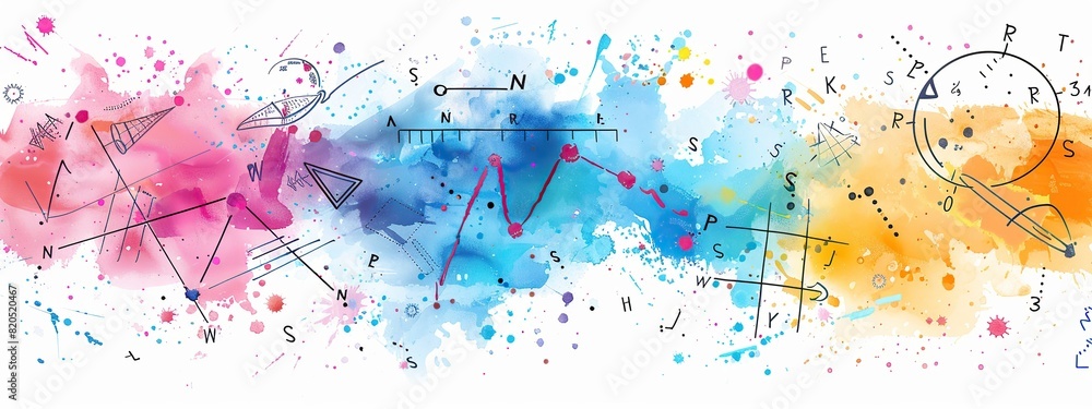 Poster colorful drawing of math doodle elements shapes and numbers in hand drawn style with paint splashes 