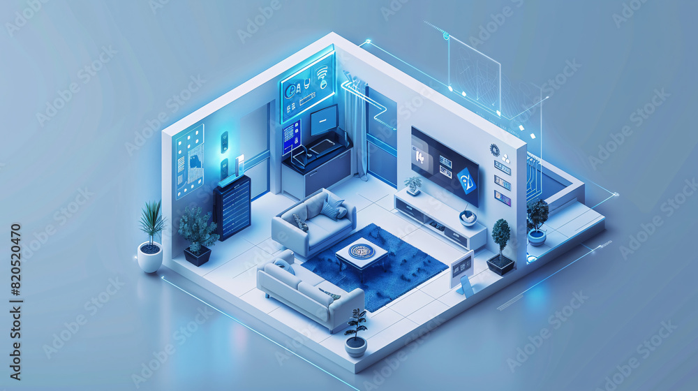 Poster within the sleek interior of an ai-augmented reality smart home, a person holds a remote control, ma