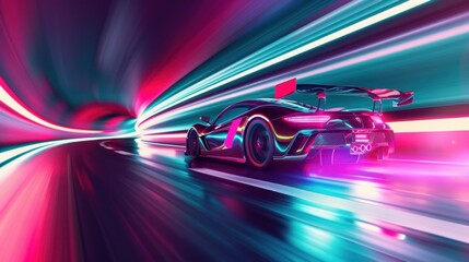 A supercar speeding on a neon-lit highway at night.

