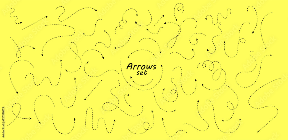 Poster set of hand drawn thin dash line arrows. collection of curved pointers. yellow dot vector pointers p