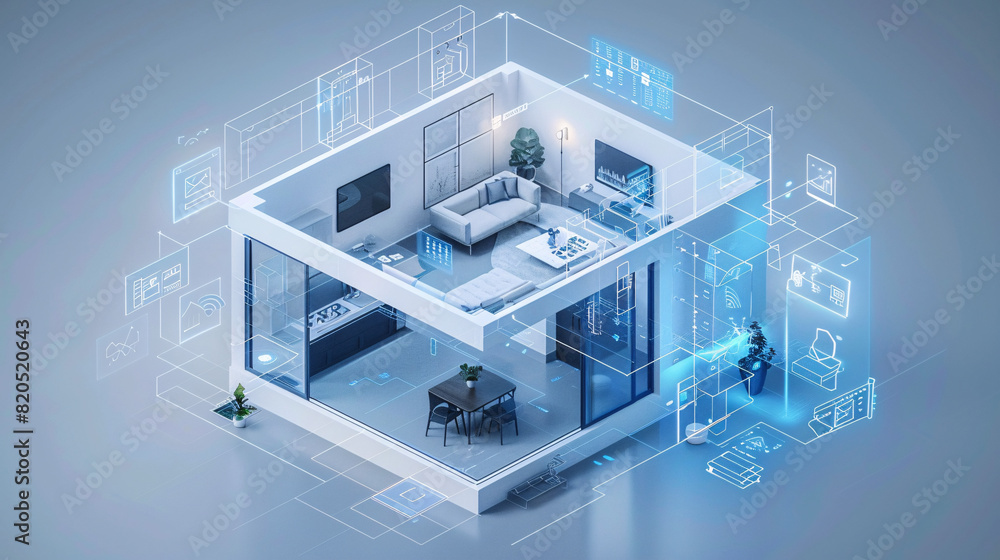 Poster within the sleek interior of an ai-augmented reality smart home, a person holds a remote control, ma