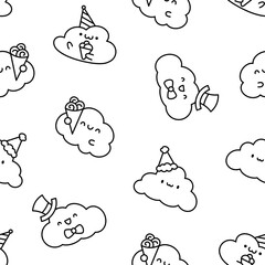 Cute and kawaii cloud. Seamless pattern. Coloring Page. Cartoon weather character. Hand drawn style. Vector drawing. Design ornaments.