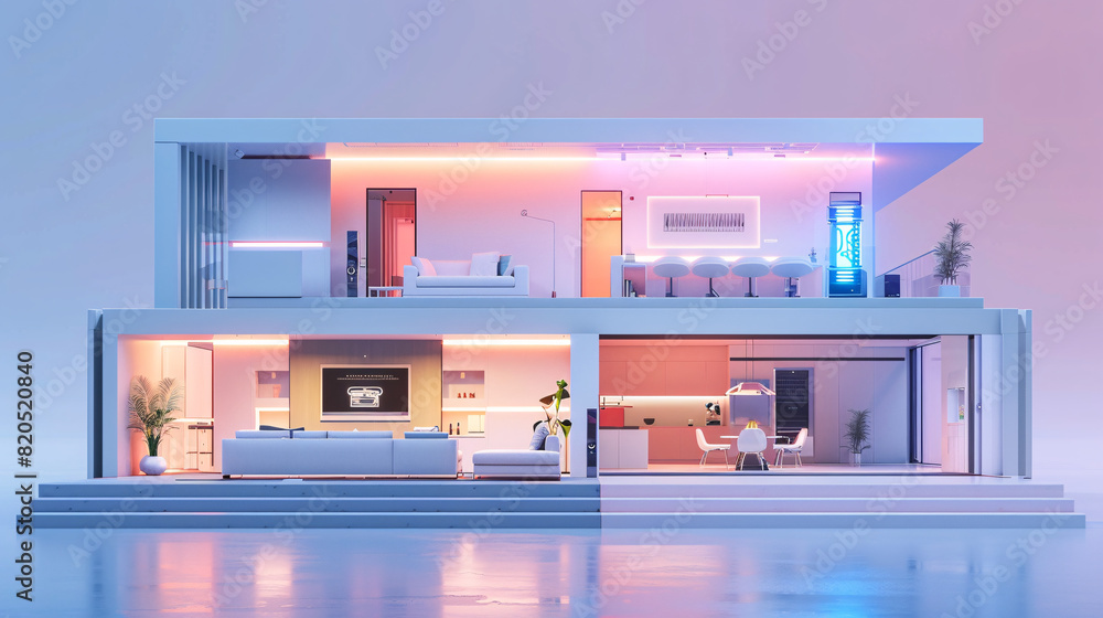 Poster within the sleek interior of an ai-augmented reality smart home, a person holds a remote control, ma