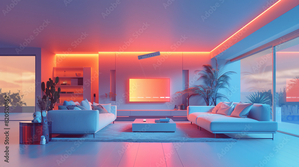 Poster within the sleek interior of an ai-augmented reality smart home, a person holds a remote control, ma