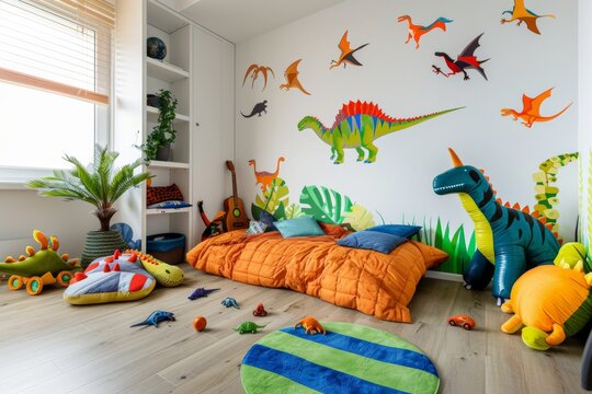 A vibrant kids' room with a dinosaur theme, featuring dinosaur wall decals, a T-rex bed, and a collection of dinosaur toys
