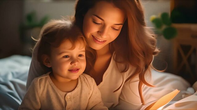 Mother sits on a cozy bed eading a book with her child at home 
