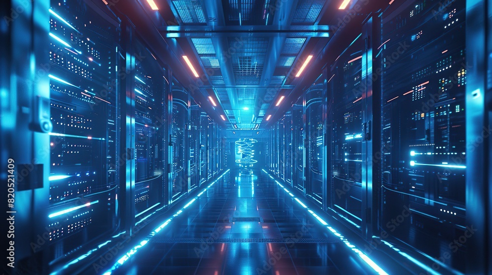 Aufkleber futuristic data center room. the room is filled with computer servers and blue lights for the concep