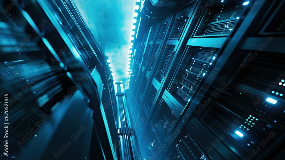 Aufkleber futuristic data center room. the room is filled with computer servers and blue lights for the concep