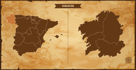 Galicia state map, Spain map with federal states in A vintage map based background, Political Spain Map
