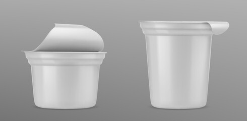 3D set of yogurt cups isolated on gray background. Vector realistic illustration of plastic dairy package mockup with open and closed foil cover, round jars with blank space for product branding