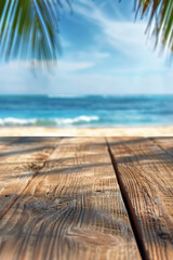 Fototapeta premium A wooden desk top with blurred background of beach. Good for background 